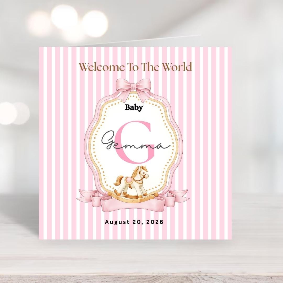Personalised Baby Girl Welcome Card, Custom Name Initial, New born Congratulations