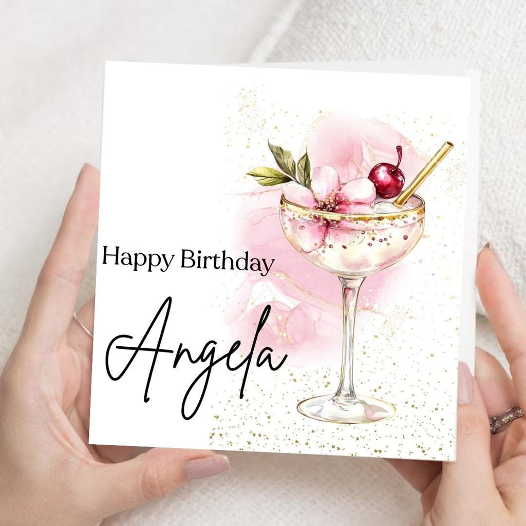 Personalized Cocktail Glass Birthday Card – Custom Name Card For Mum, Sister, Friend, Cousin, Female