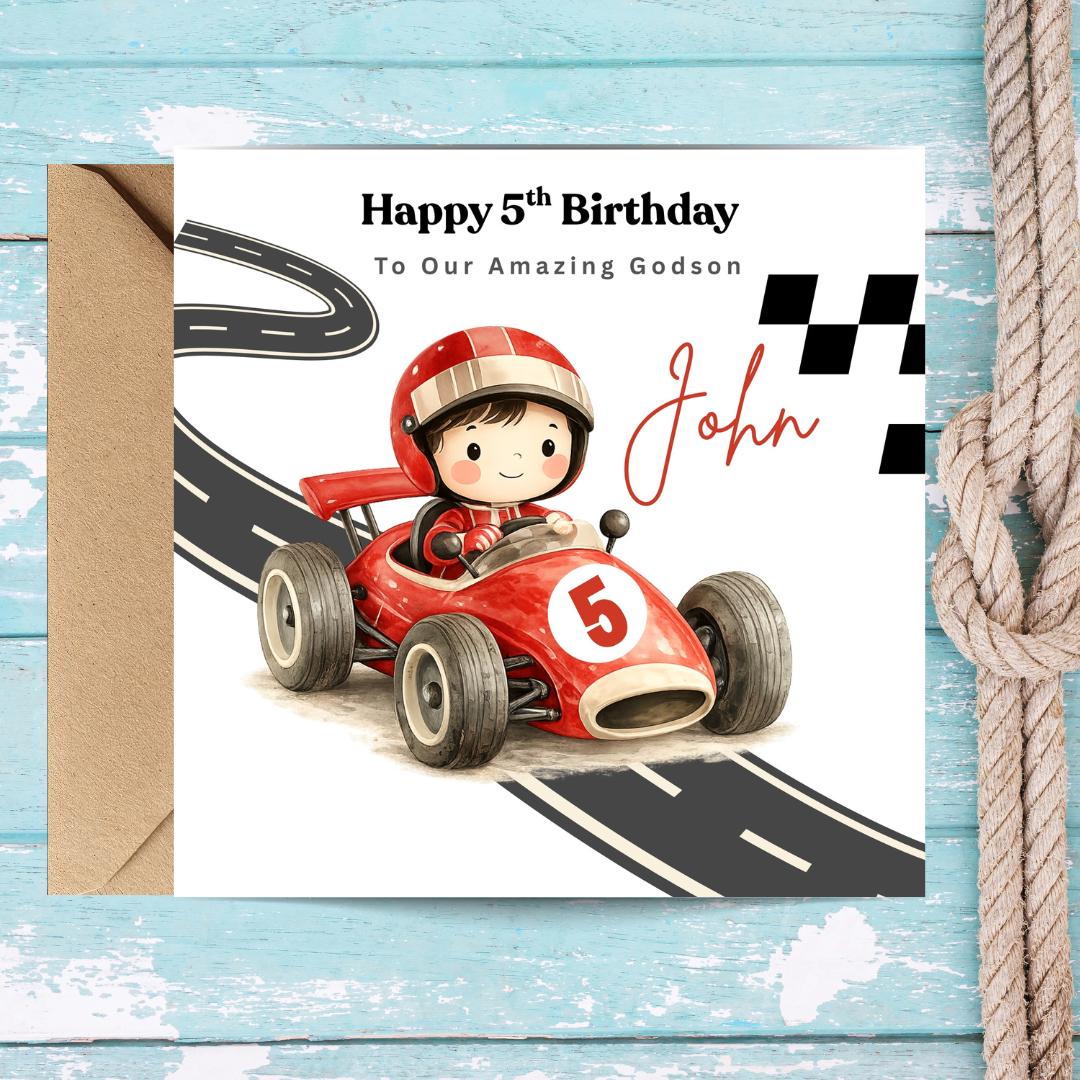 Race Car Birthday Card For Boys 5 Years, Custom Name Kid Boys Racing Cards