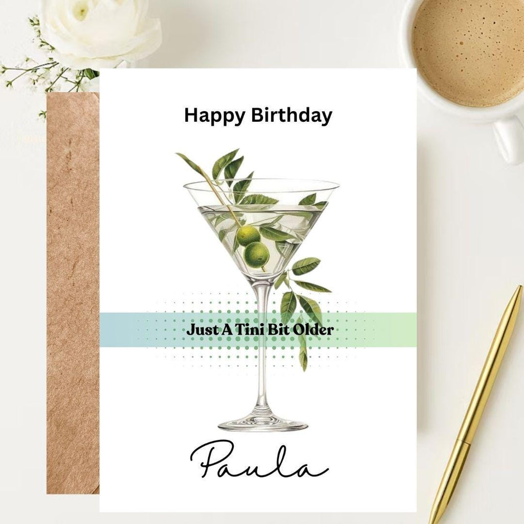 Personalized Martini Birthday Card – Custom Name, Cocktail Illustration, For Her