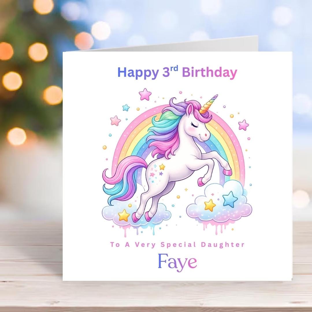 Personalised Unicorn 3rd Birthday Card for Daughter, Rainbow Unicorn Custom Name Age 3 Cards
