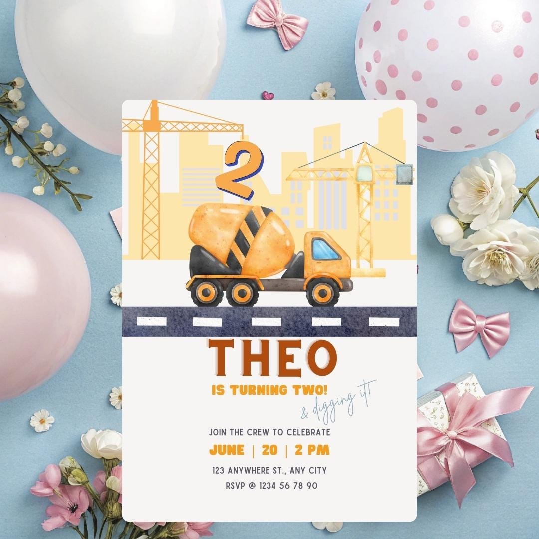 Construction Truck Birthday Invitation: Editable Digger Party Invite (Digital Download 5x7in Template)