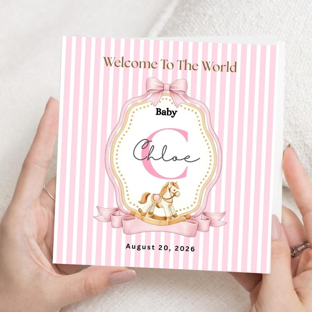 Personalised Baby Girl Welcome Card, Custom Name Initial, New born Congratulations