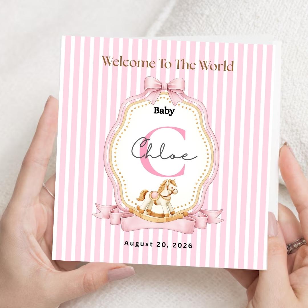 Personalised Baby Girl Welcome Card, Custom Name Initial, New born Congratulations