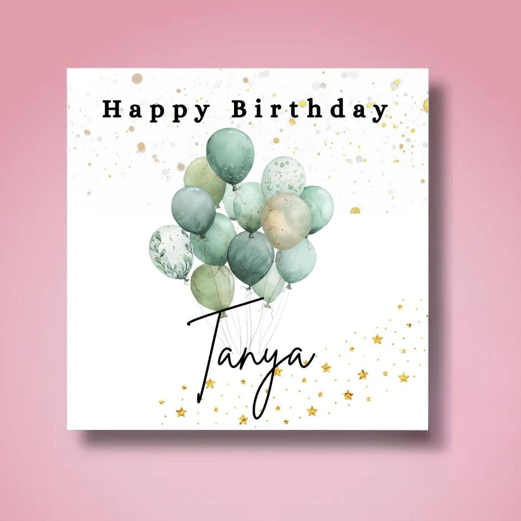 Personalized Birthday Card: Custom Name Balloons, Green Minimalist Design