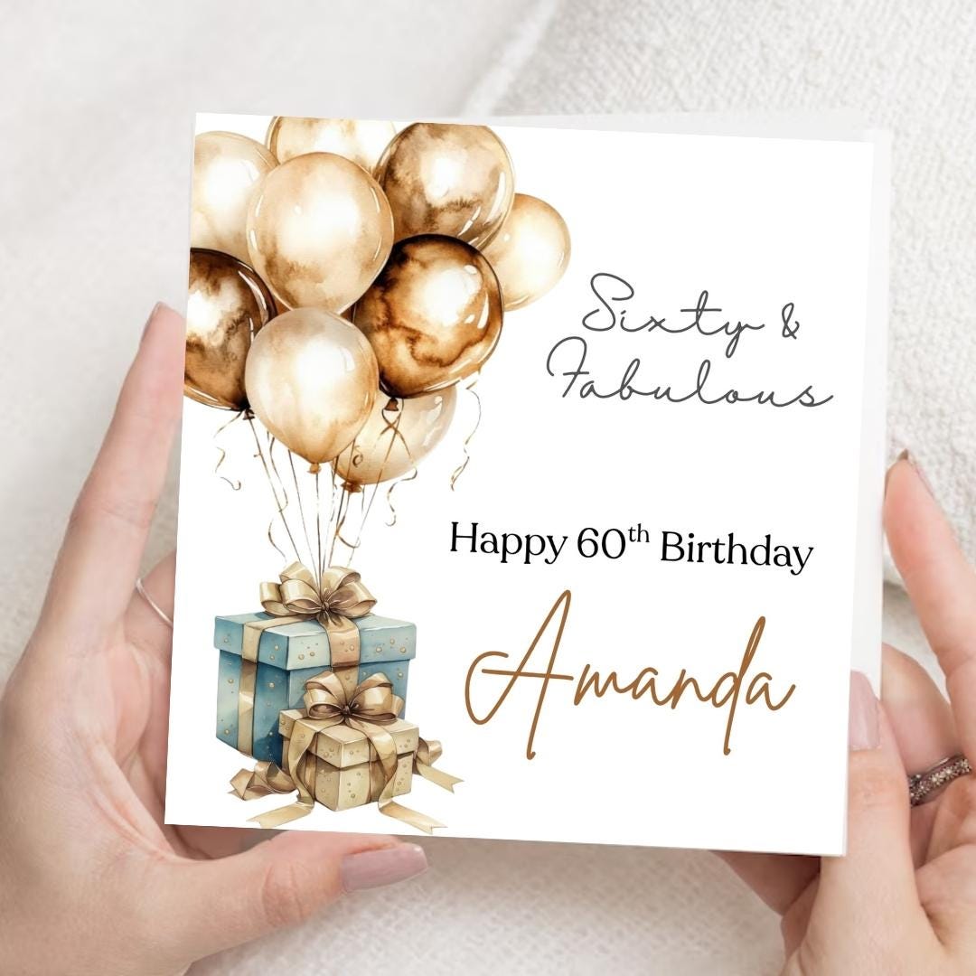 Personalised 60th Birthday Card For Mum, Sister – Gold Balloons, Custom Name Female Birthday Cards