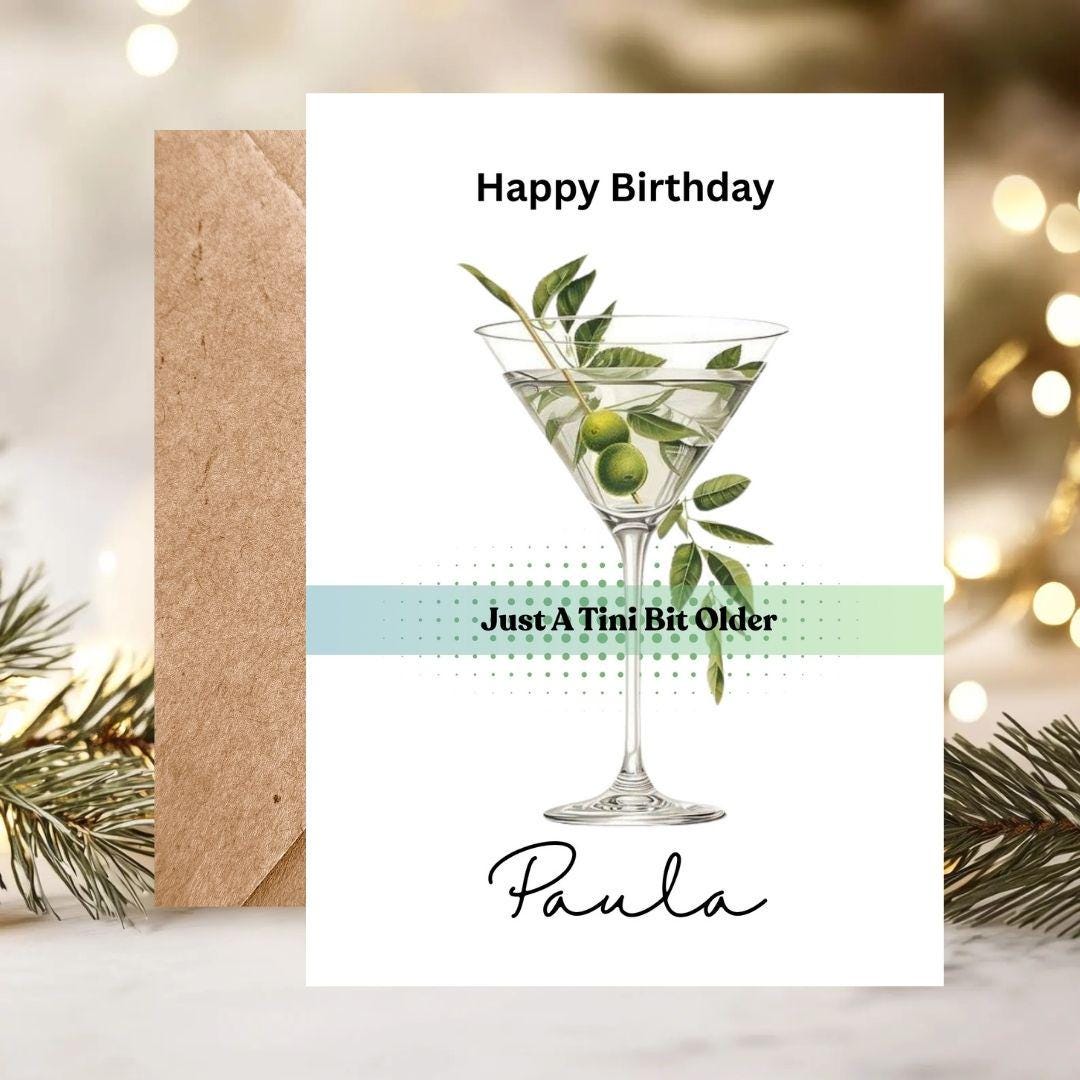 Personalized Martini Birthday Card – Custom Name, Cocktail Illustration, For Her