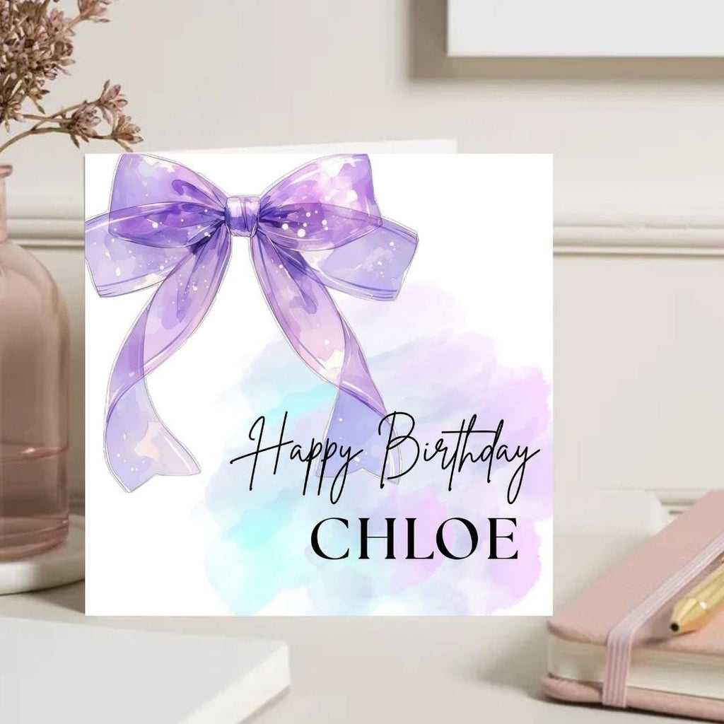 Personalized Coquette Bow Birthday Card, Elegant Purple Design, Custom Name Birthday Gift For Her