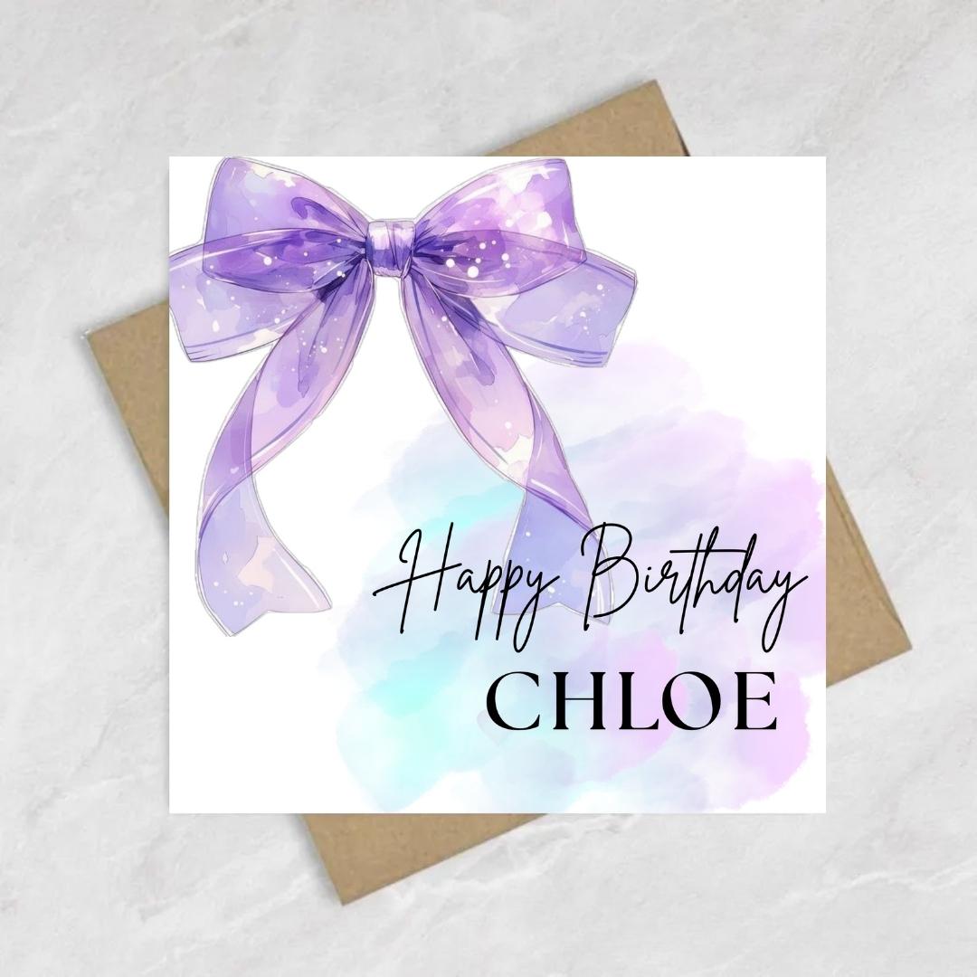 Personalized Coquette Bow Birthday Card, Elegant Purple Design, Custom Name Birthday Gift For Her