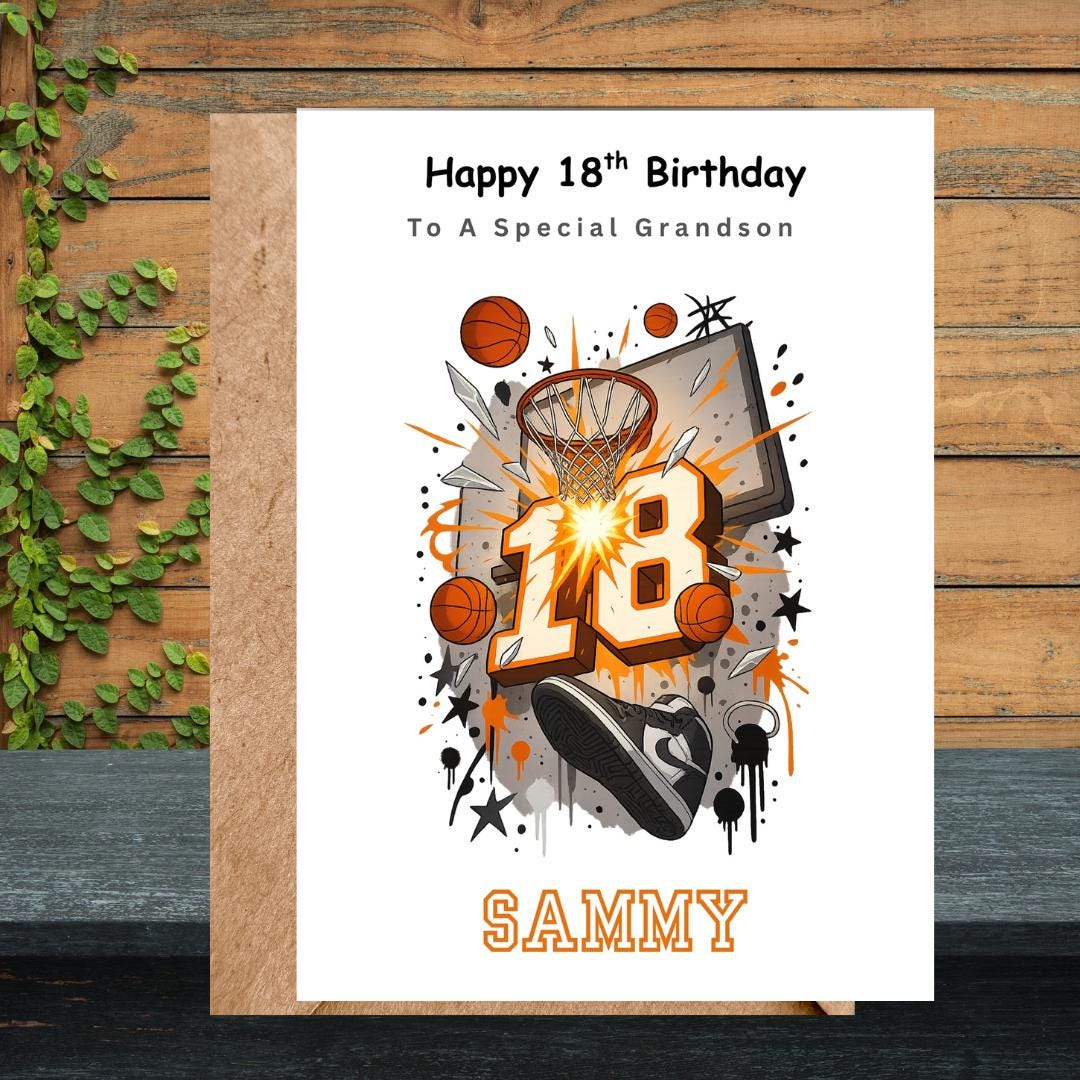 Personalized Basketball Birthday Card For Grandson Age 18, Slam Dunk Custom Name 18th Cards