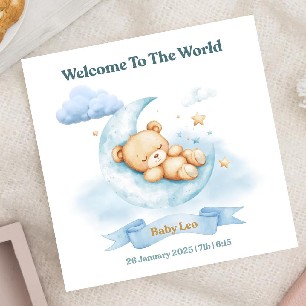 Personalized Baby Boy Card, Welcome to the World, Soft Blue Palette