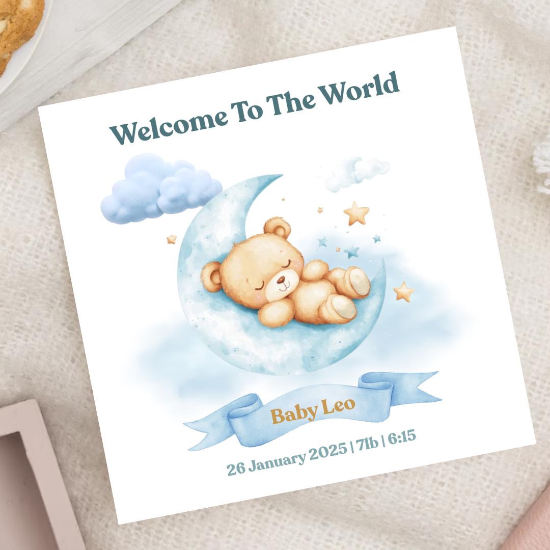 Personalized Baby Boy Card, Welcome to the World, Soft Blue Palette