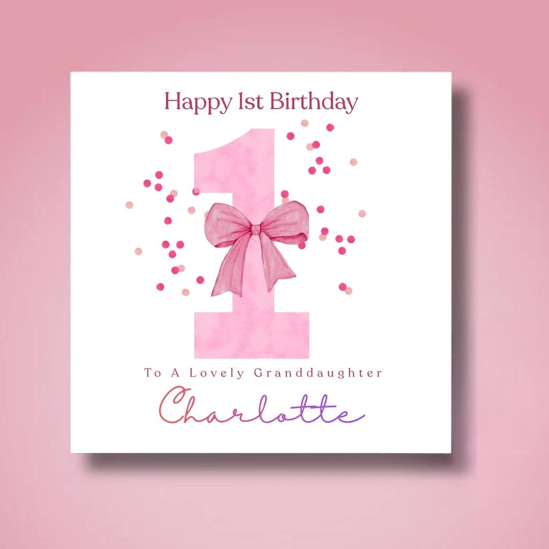 Personalized 1st Birthday Card For Granddaughter, Pink Bow Design