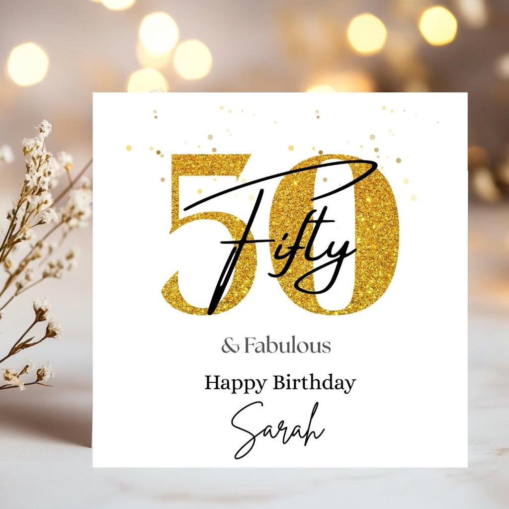 Personalized 50th Birthday Card, Gold Glitter Fifty, Keepsake Milestone