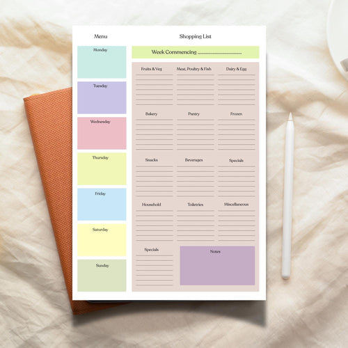 A4 Grocery Shopping List Pad, Weekly Meal Planner, Pastel Design, 50 Tear-Off Sheets