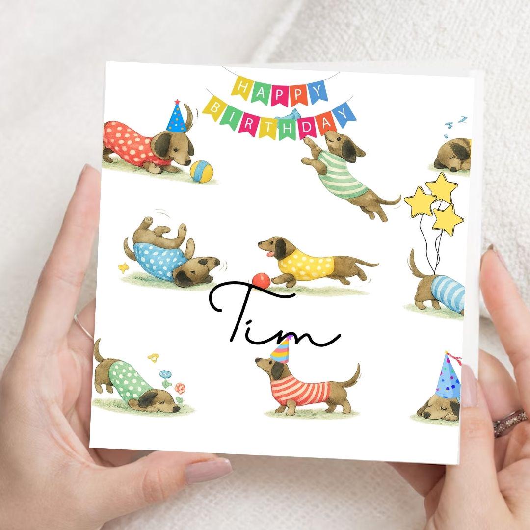 Personalized Sausage Dog Dachshund Birthday Card, Watercolor Wiener Dog Card With Custom Name