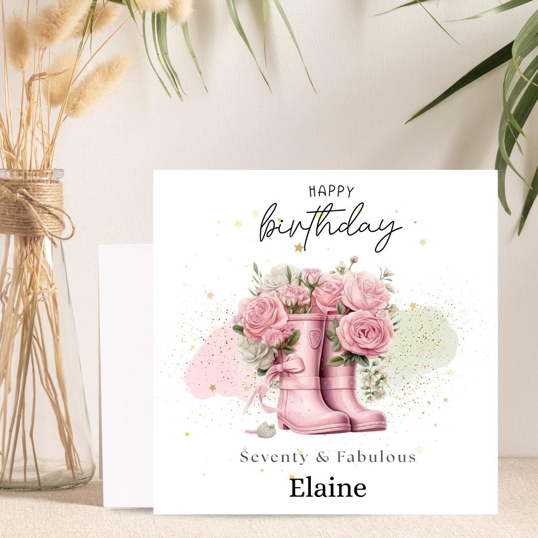 Personalized 70th Birthday Card, Gardener Pink Wellies Floral Rose Design Keepsake Milestone