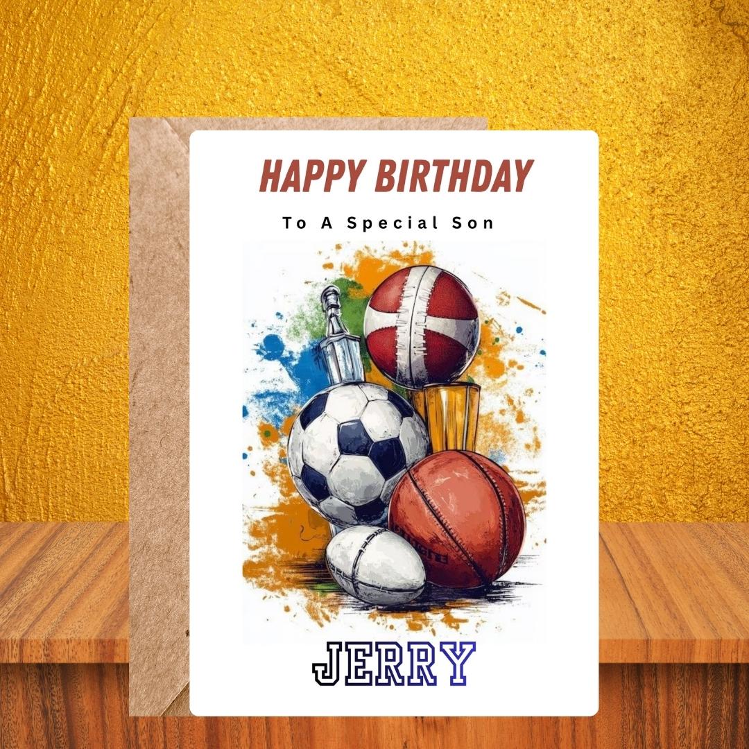 Personalized Sports Birthday Card – Custom Name, Trophy, Basketball, Soccer, Rugby (For Boys)