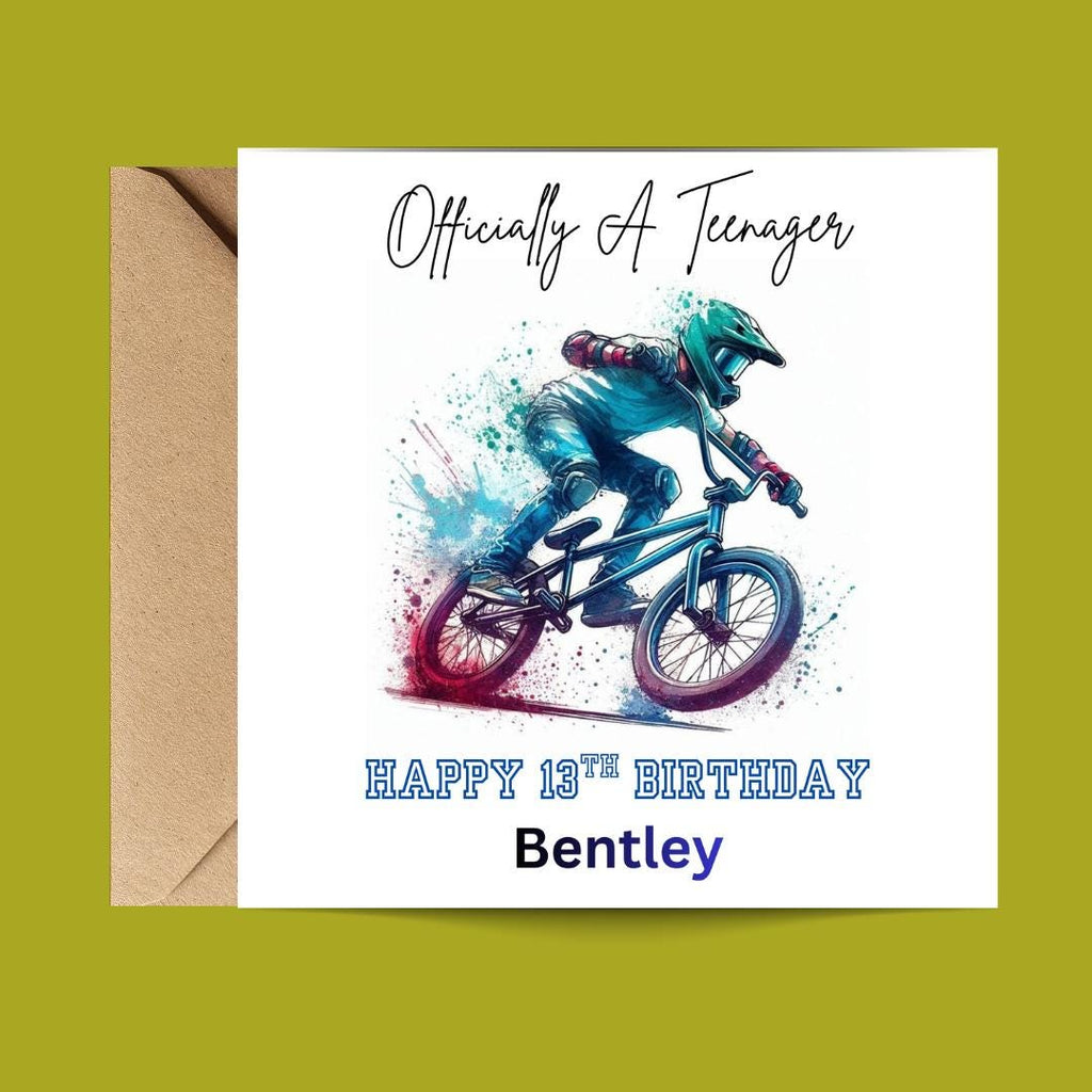 Personalized 13th Birthday Card, BMX Rider Son, Officially Teenager (Custom Name)