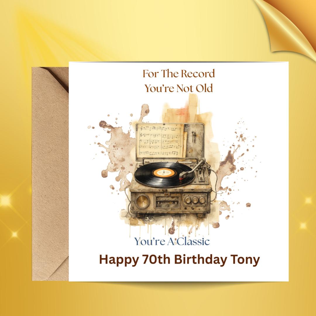 Funny 70th Birthday Card For Husband, Dad, Grandpa, Uncle - Record Player Humour Greeting Cards