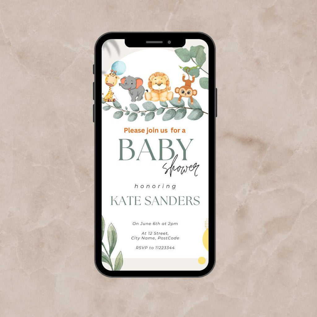 Baby Shower Invitation Template, Jungle Safari Baby Animals Shower Invite, Editable Gender Neutral Baby Shower, Digital Download