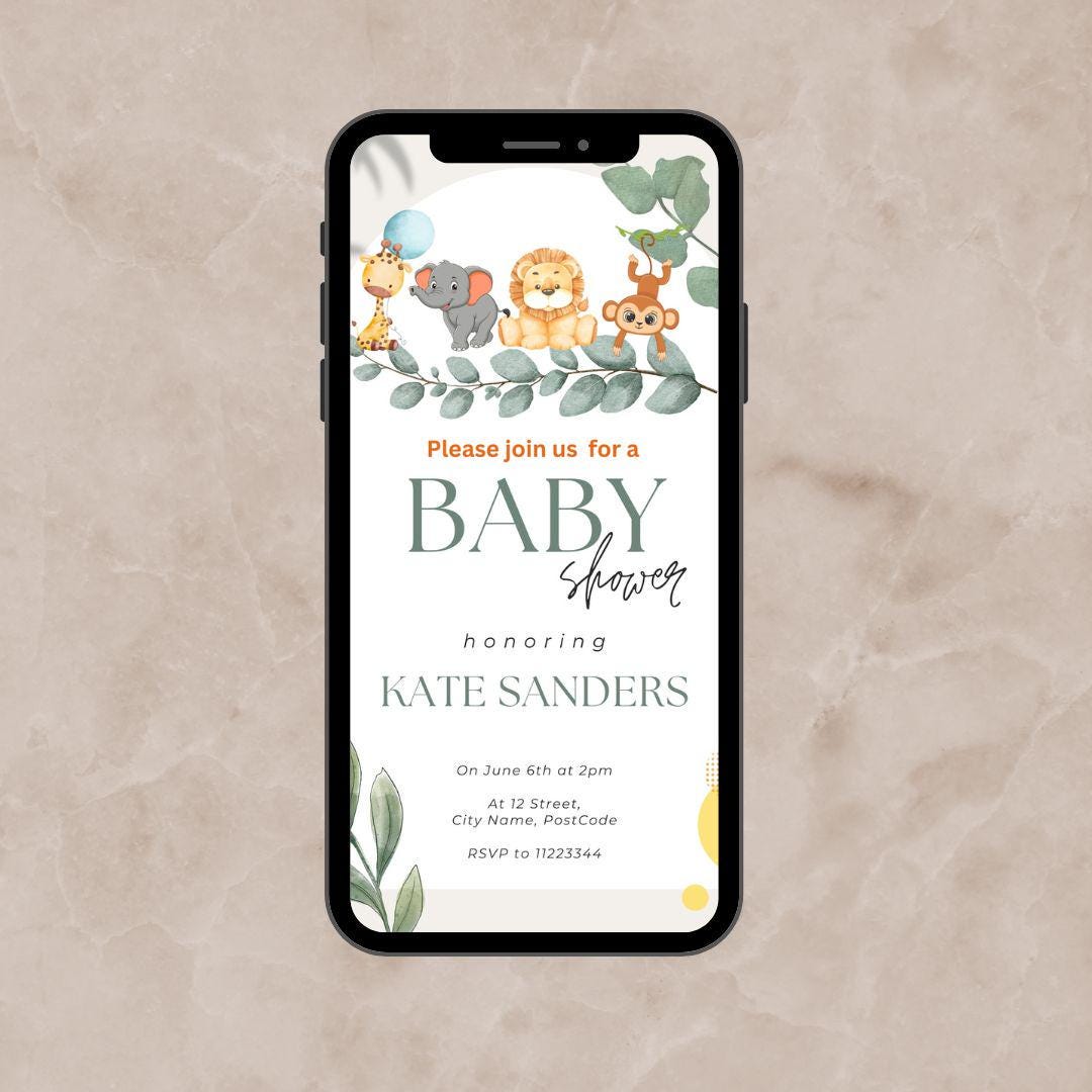 Baby Shower Invitation Template, Jungle Safari Baby Animals Shower Invite, Editable Gender Neutral Baby Shower, Digital Download