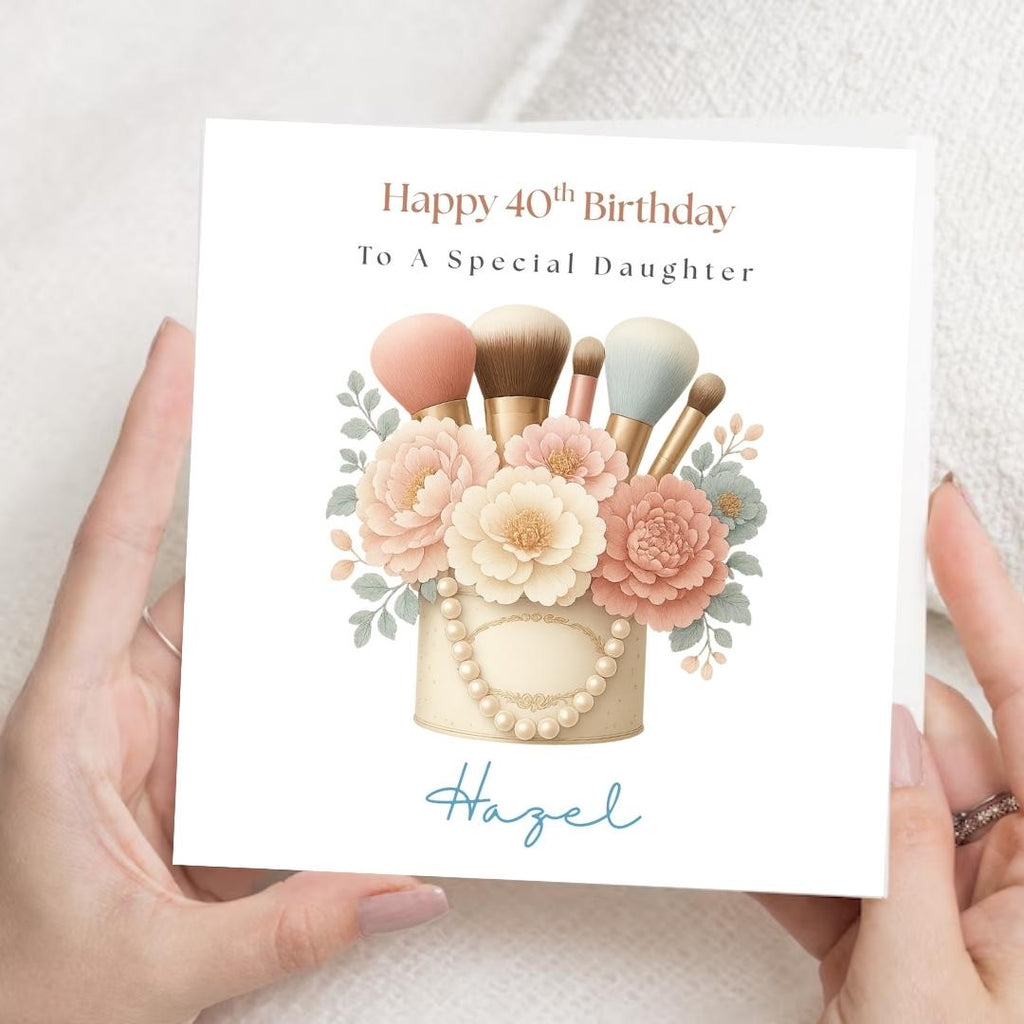 Personalised Sister Birthday Card – Makeup Brushes, Pearls, Floral Design Custom Age