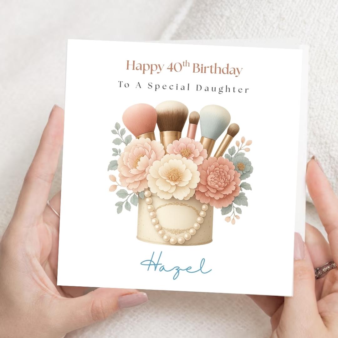 Personalised Sister Birthday Card – Makeup Brushes, Pearls, Floral Design Custom Age