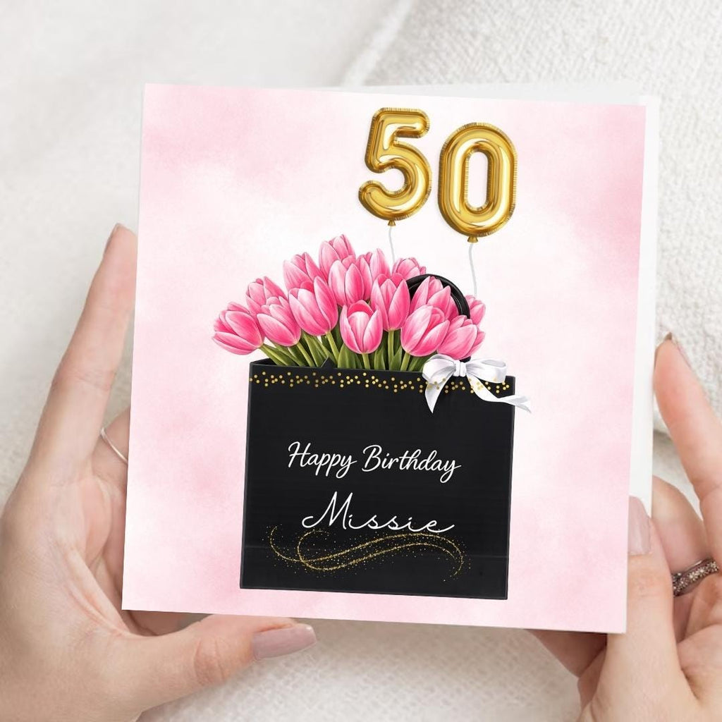 Personalized 50th Birthday Card For Her, Floral Pink Tulips Elegant Fashion Gift Bag Greeting For Her