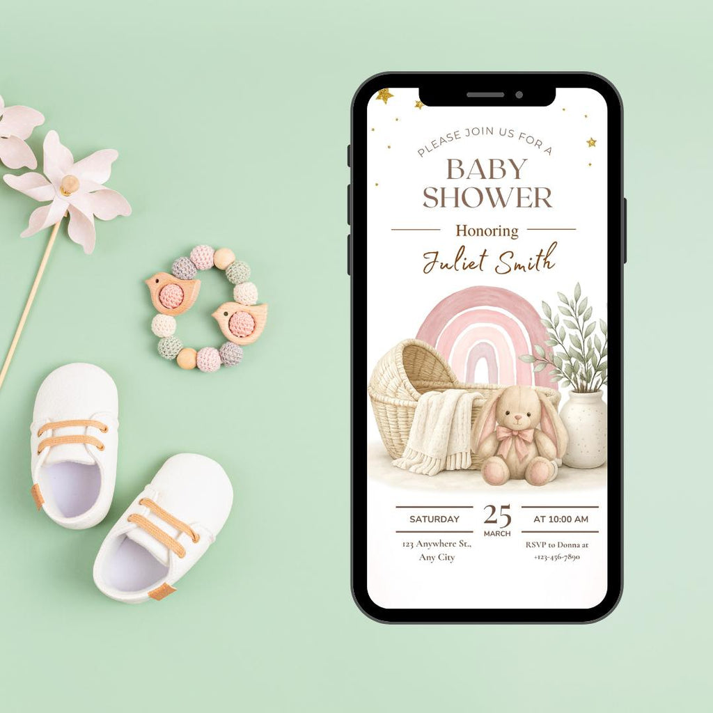 Boho Baby Shower Invitation, Rainbow Bunny Canva Template (Digital Download)