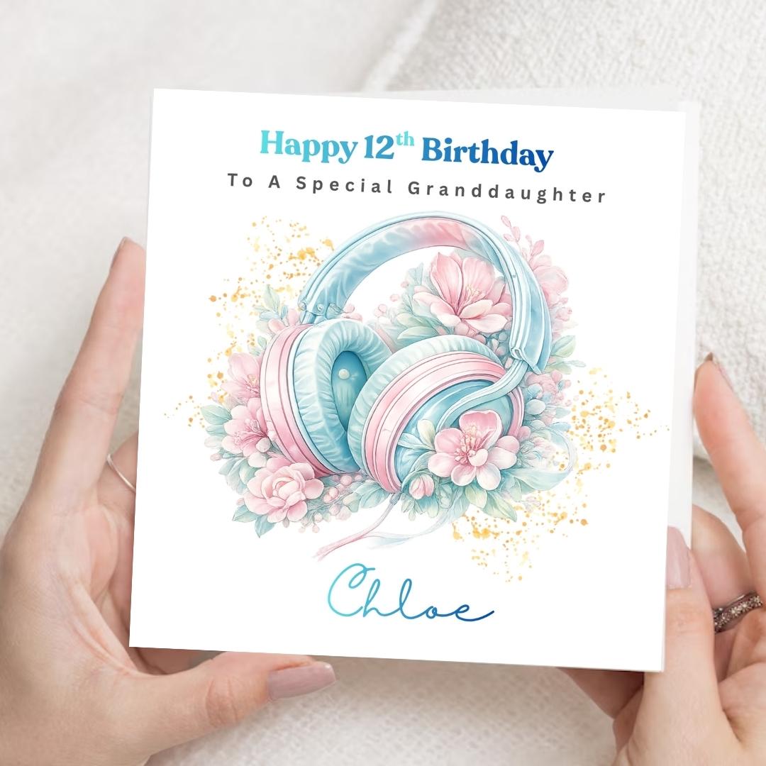 Personalized 12th Birthday Card, Music Lover Headphones, Custom Name Card For Daughter