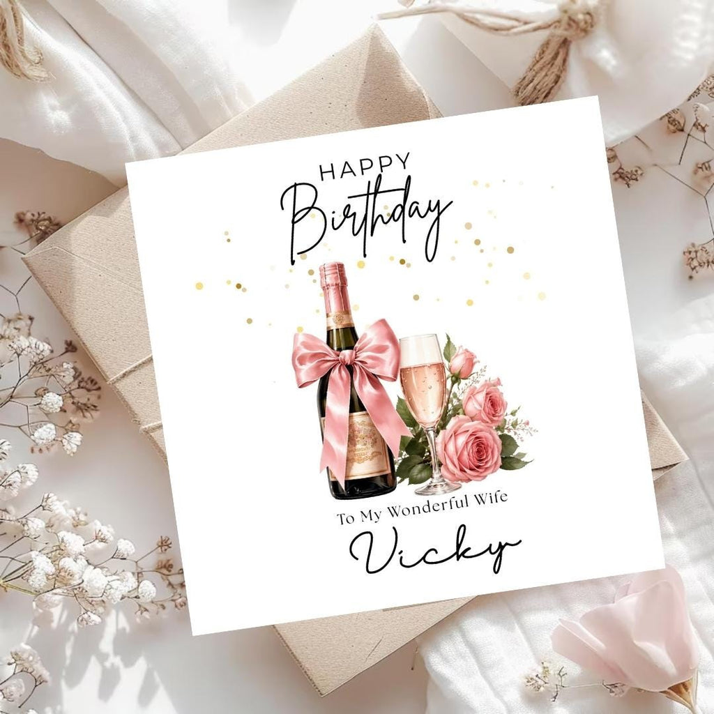 Personalised Birthday Card for Wife, Custom Name Elegant Romantic Champagne & Roses Birthday Card for Her