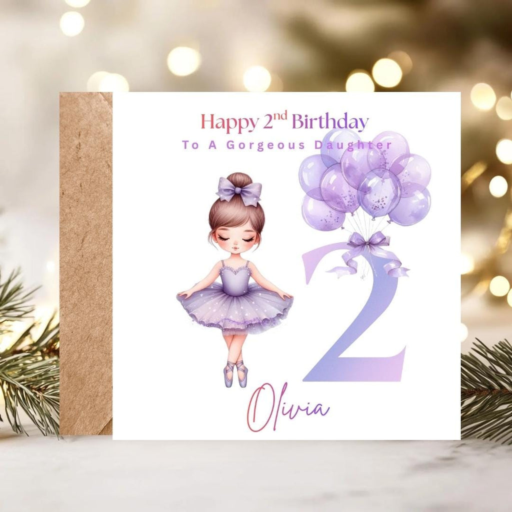 Personalized Ballerina 2nd Birthday Card, Purple Tutu Design, Daughter Niece Granddaughter