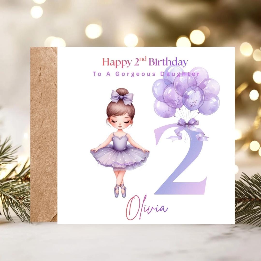 Personalized Ballerina 2nd Birthday Card, Purple Tutu Design, Daughter Niece Granddaughter