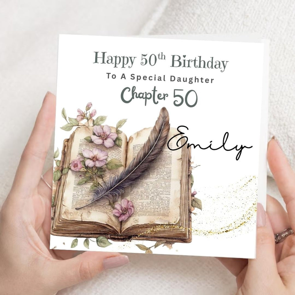 Personalized 50th Birthday Card, Daughter Chapter 50 Open Book Floral Design