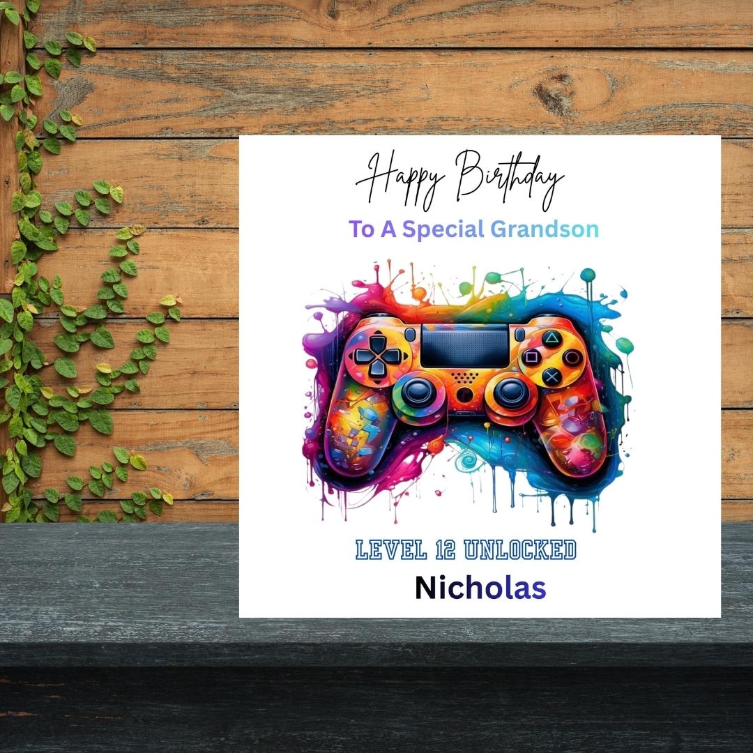 Personalized Gaming 12th Birthday Card For Grandson, Custom Name Teen Boy Gamer Birthday Gift