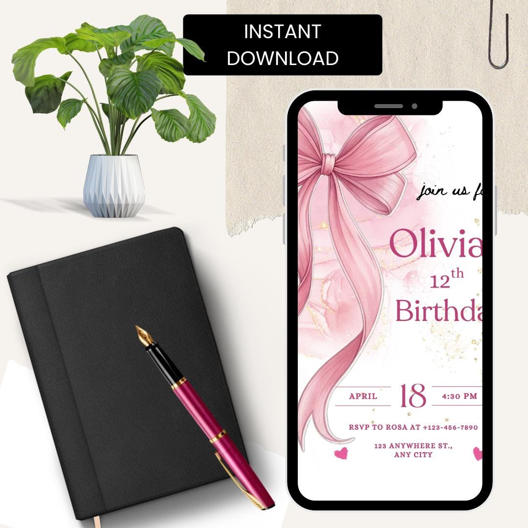 Pink Bow Birthday Invitation, Coquette Birthday Party Invite, Elegant Birthday Template Canva
