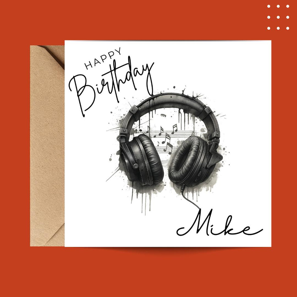 Personalized Music Lover DJ Birthday Card, Vinyl Headphones Custom Name, Unisex Teen Birthday Cards