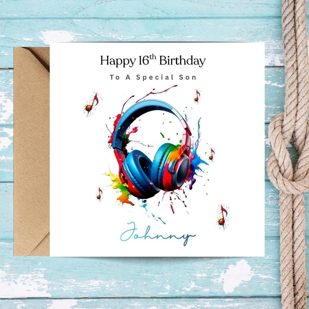 Personalized 16th Birthday Card For Son Grandson, Custom Name Music Lover Headphones