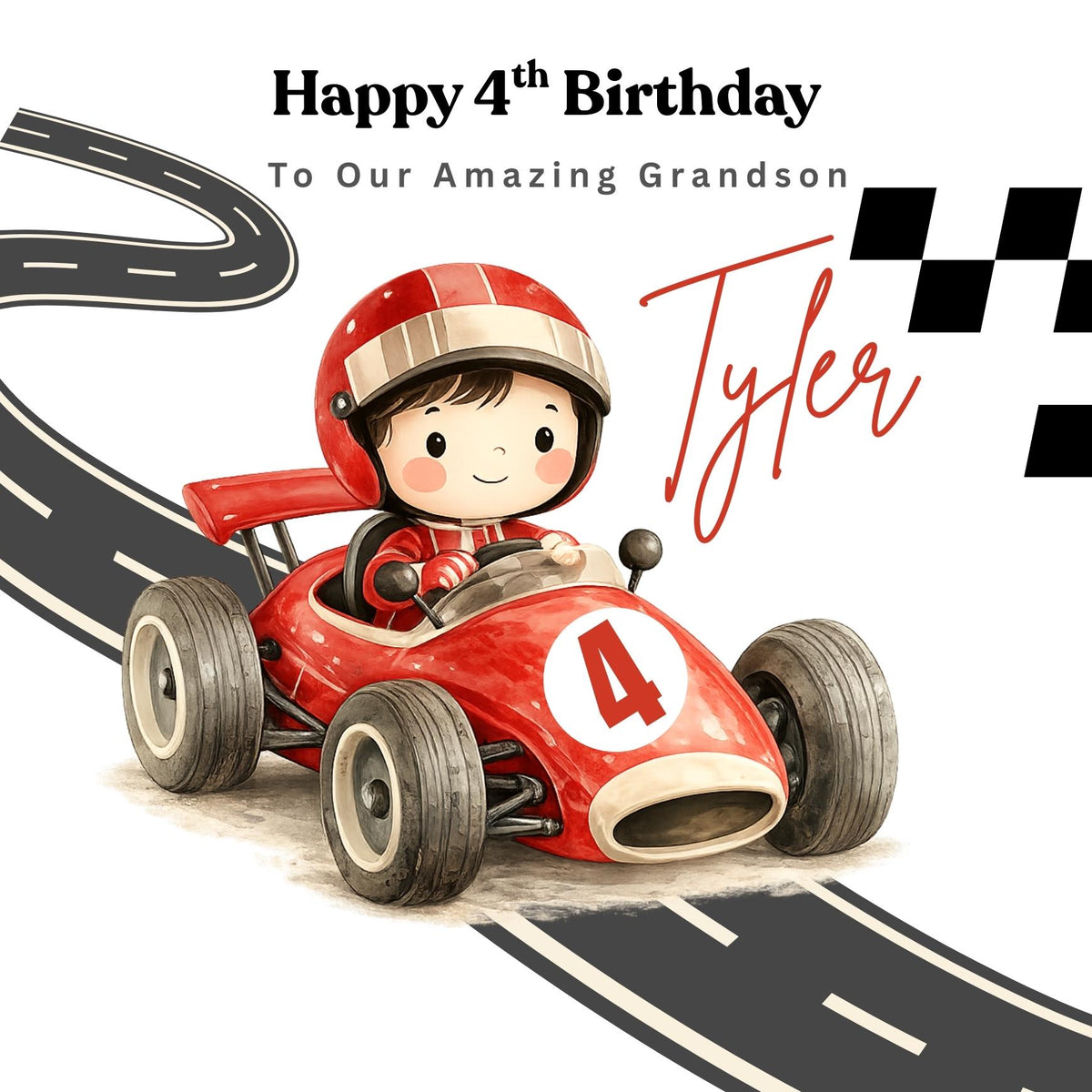 Hot Wheels Car Birthday Card For Son 4 Years, Custom Name Boys Racing Cards