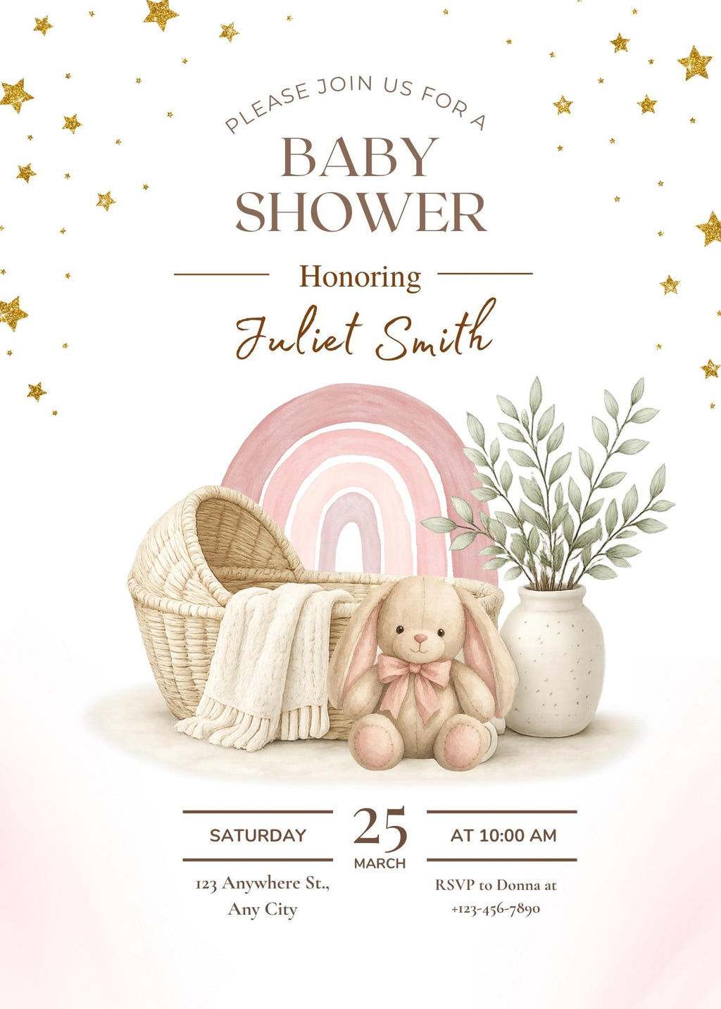 Boho Baby Shower Invitation, Rainbow Bunny Canva Template (Digital Download)