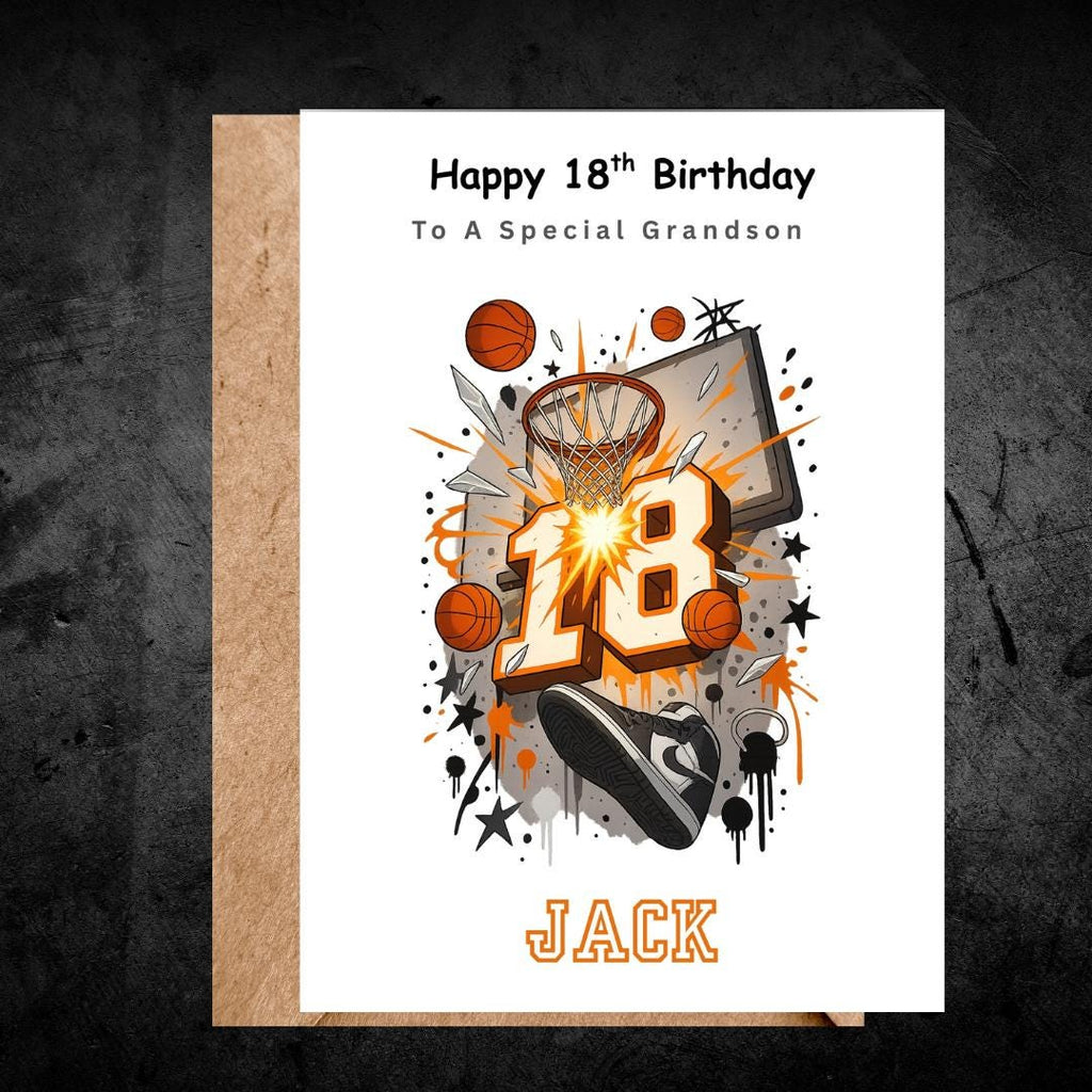 Personalized Basketball Birthday Card For Grandson Age 18, Slam Dunk Custom Name 18th Cards