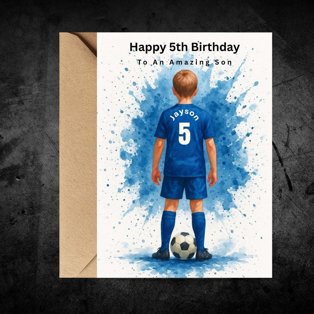 Personalized Football Birthday Card for Son, Custom Name Soccer Card, Age 5