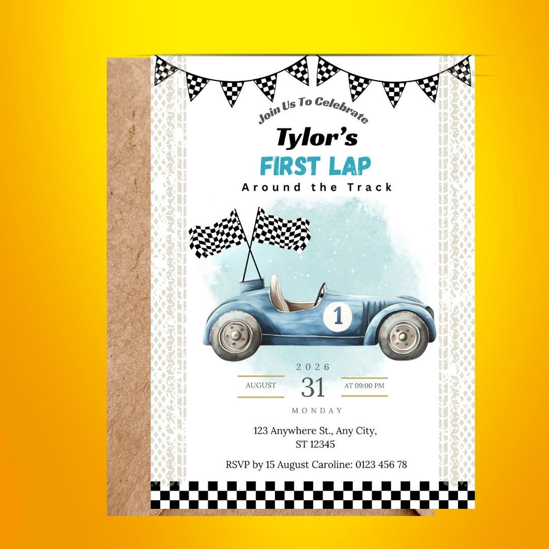 Race Car First Birthday Invitation Boy, | “First Lap” Racing Theme Invite | Editable Digital Printable 1st Birthday Invitation