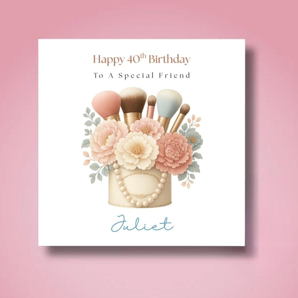 Personalised Sister Birthday Card – Makeup Brushes, Pearls, Floral Design Custom Age