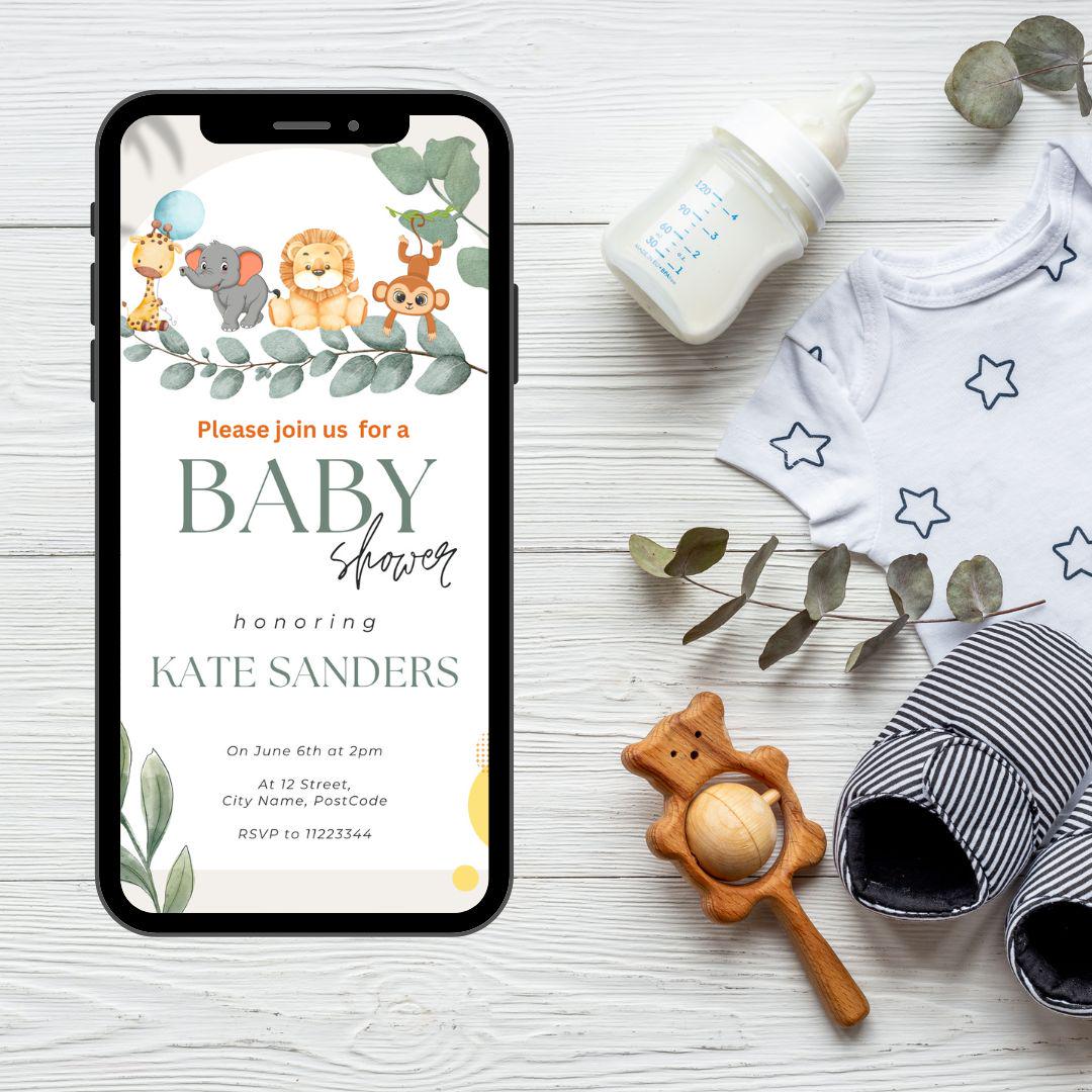 Baby Shower Invitation Template, Jungle Safari Baby Animals Shower Invite, Editable Gender Neutral Baby Shower, Digital Download