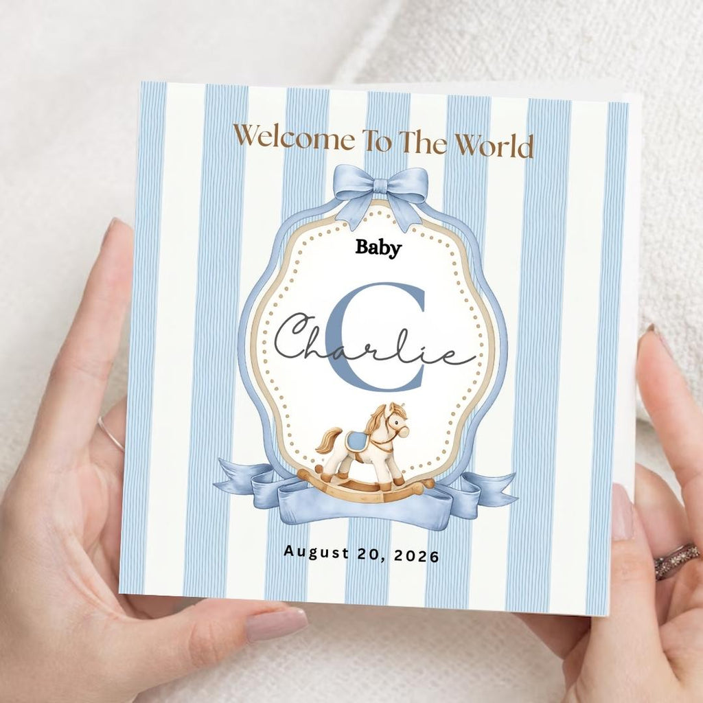 Personalised Baby Boy Welcome Card, Custom Name Initial, Newborn Congratulations