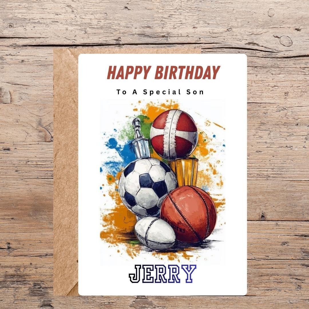 Personalized Sports Birthday Card – Custom Name, Trophy, Basketball, Soccer, Rugby (For Boys)