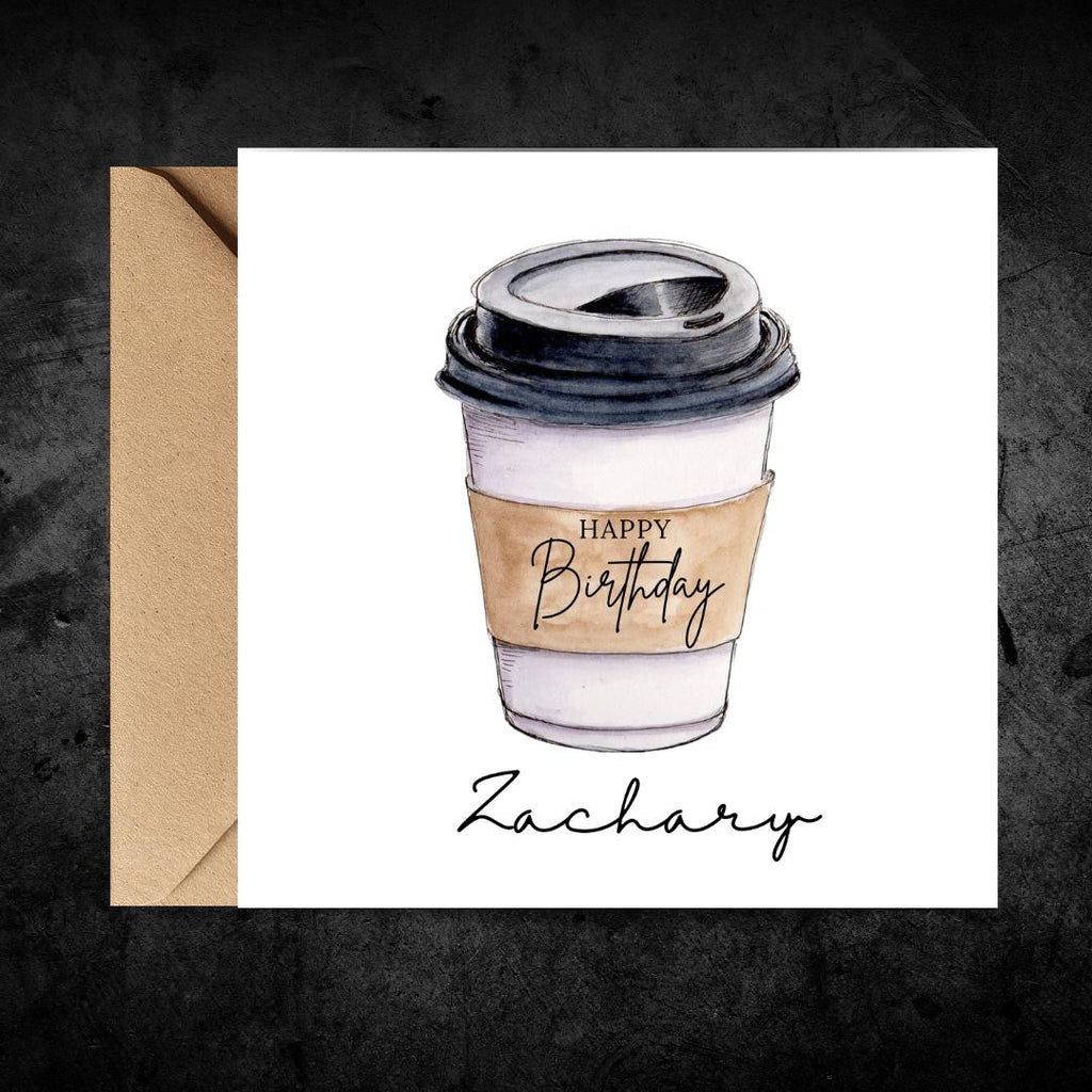 Personalised Minimalist Coffee Cup Birthday Card, Custom Name Unisex Design For Coffee Lovers