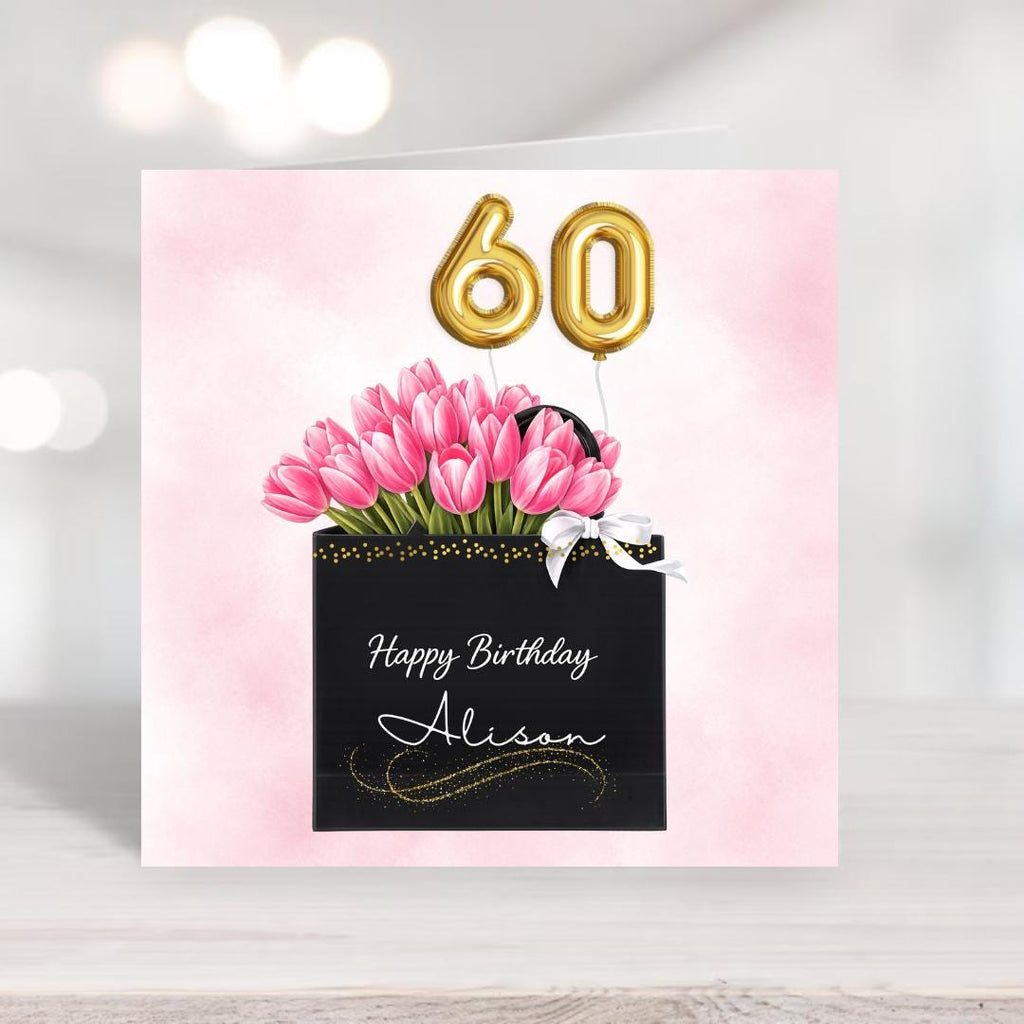 Personalized 60th Birthday Card For Her, Floral Pink Tulips Elegant Fashion Gift Bag Greeting For Her